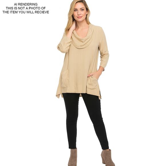 Ali Miles Tunic Top 3/4 Sleeve Cowl Neck Lagenlook Minimalist Neutral Tan Large - Picture 6 of 8
